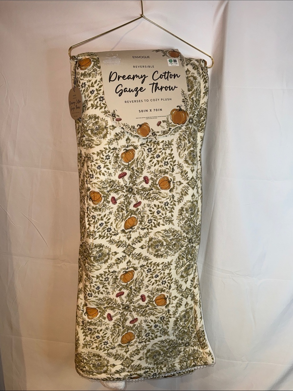 Envogue Cotton Gauze Throw in Cream with Olive and Pumpkin Motif